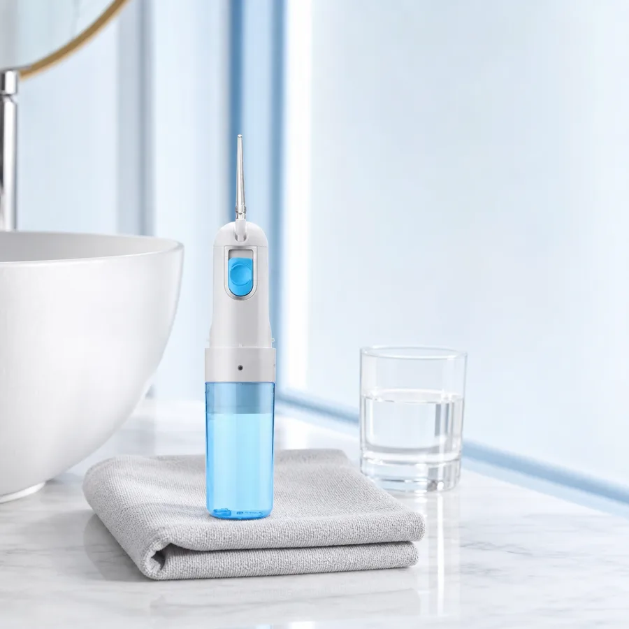 GravN Hydro Flosser elfogadott AI termékkreatív, fürdőszobai környezetben